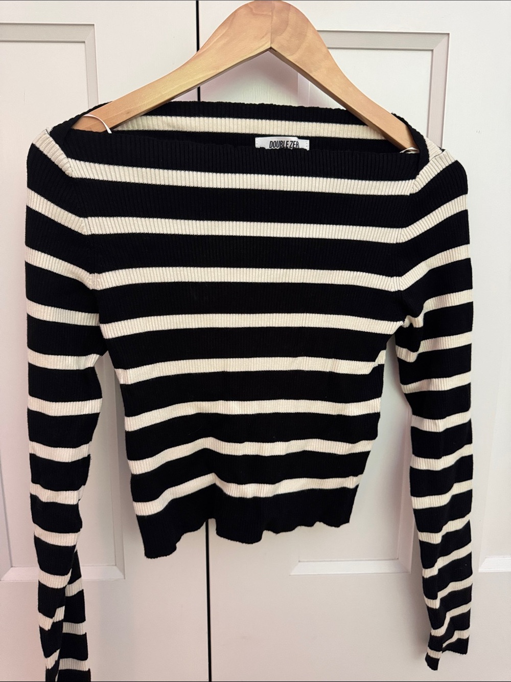 Double Zero Black and Cream Striped Off-the-Shoulder Sweater